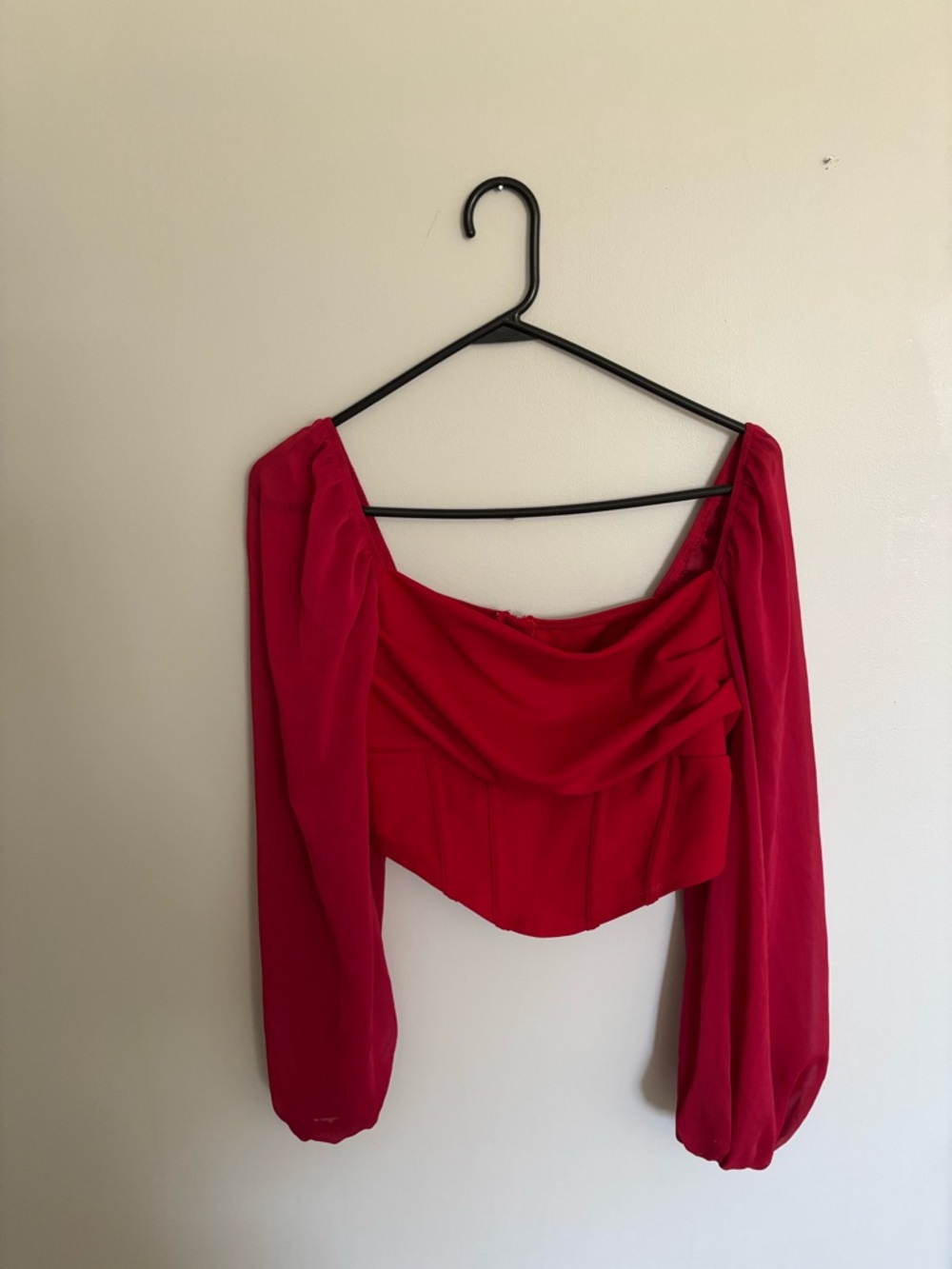 SHEIN Red Long Sleeve Square Neck Cropped Blouse